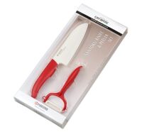 Zestaw Blister, Ceramiczny nóż Santoku 14cm + poprzeczna obieraczka Kyocera, czerwony